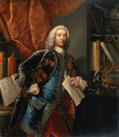 Porträt eines Gentlemans in seinem Arbeitszimmer mit wissenschaftlichen Instrumenten, ca. 1750 von English School